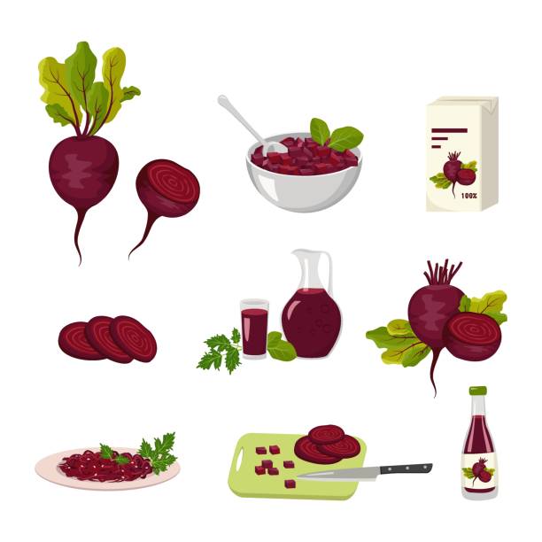 Beetroot and beet products icons set. Whole vegetable and halves with leaves, juice in bottle, jug and glass, grated food on plate and pieces in bowl. Sweet food for diet. Vector flat illustration Beetroot and beet products icons set. Whole vegetable and halves with leaves, juice in bottle, jug and glass, grated food on plate and pieces in bowl. Sweet food for diet. Vector flat illustration common beet stock illustrations