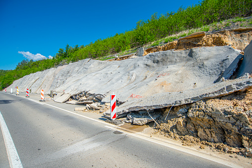 Rockslide collapse after a mudflow on a mountain road in a rural area, Serbia