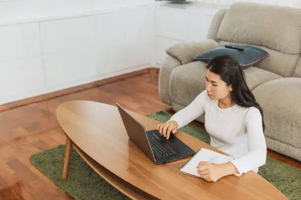 Photo of Mother working at home on laptop in living room.