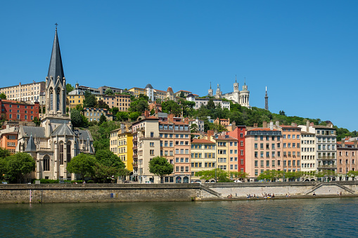 Panoramic view of the colourful and picturesque city of old Lyon and the river Saone