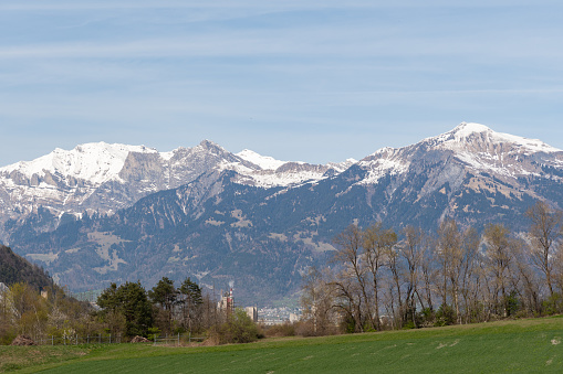 Maienfeld, Grison, Switzerland, April 11, 2022 Stunning alpine scenery and view over the rhine valley on a sunny day in spring time