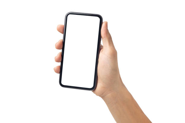 istock Hand business man holding mobile smartphone with blank screen with space for inserting advertising text. isolated on white background with clipping path 1399353970