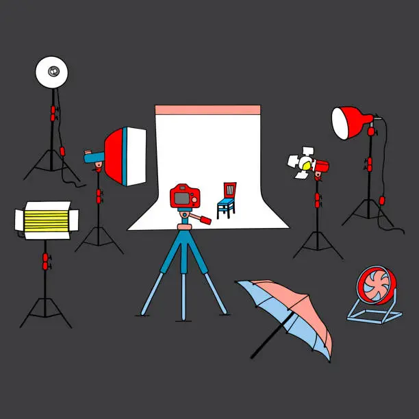 Vector illustration of Bright vector illustration on the theme of photography. Photo studio.