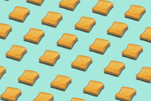 istock Seamless creative food pattern. Toasts on a blue background. Funny colorful breakfast concept. Minimalist sandwich. 1399354061