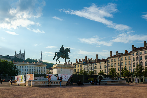 Lyon, France - May 10, 2022 : Panoramique view of the famous square Bellecour in Lyon