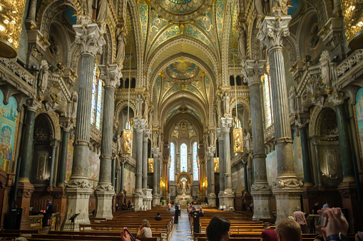 Lyon, France - May 10, 2022 : Panoramic view of the interior of the famous Basilica Fourviere in Lyon France