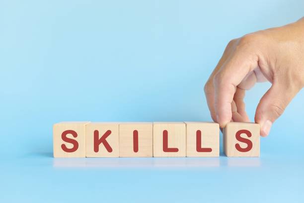 istock Skill development building and investment and learn new skills concept. Hand stacking wooden blocks with word skills. 1399354980