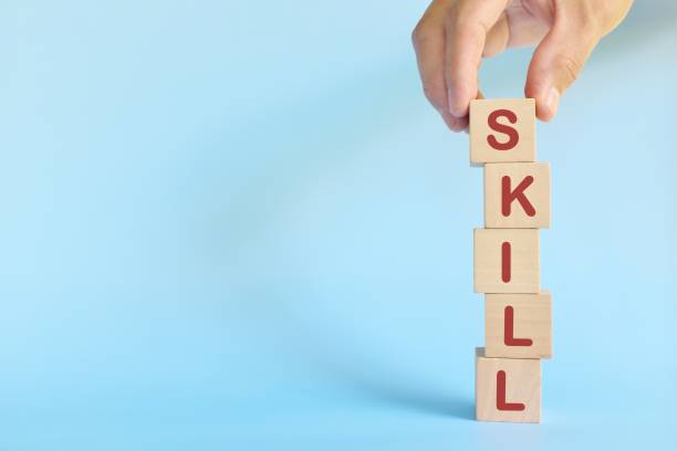 istock Skill development building and investment and learn new skills concept. Hand stacking wooden blocks with word skills. 1399354981