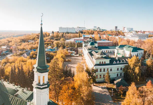 Photo of Aerial view of the old mosque in the park district of the city. Religious and cultural attractions