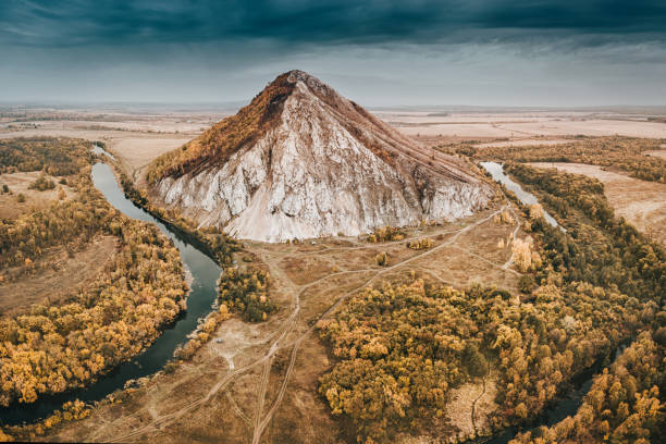 Aerial view of the popular attraction of Bashkortostan - Mount Shikhan, famous for its prehistoric deposits and numerous lakes around stock photo