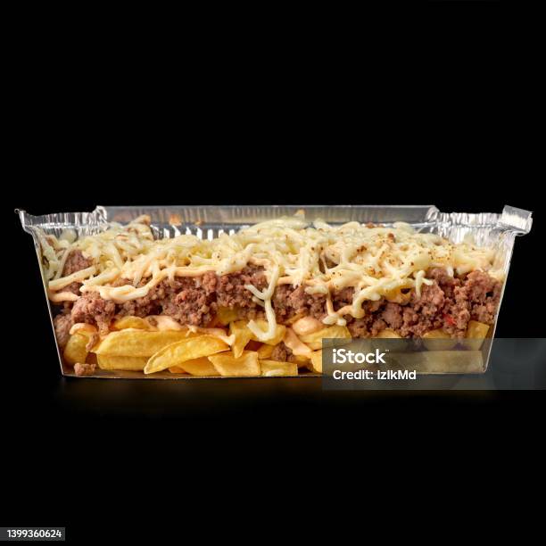 Minced Beef With Cheese In An Aluminum Takeaway Box Sectional View Isolated On Black Background Stock Photo - Download Image Now