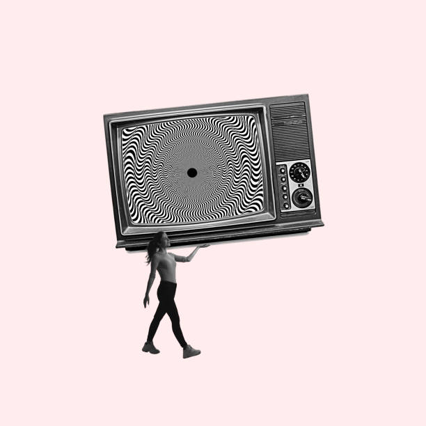 istock Tiny girl carrying huge retro tv set with pattern of optical illusion on screen isolated on light background. Contemporary art collage. Optical illusion, ideas, aspiration concept 1399361080