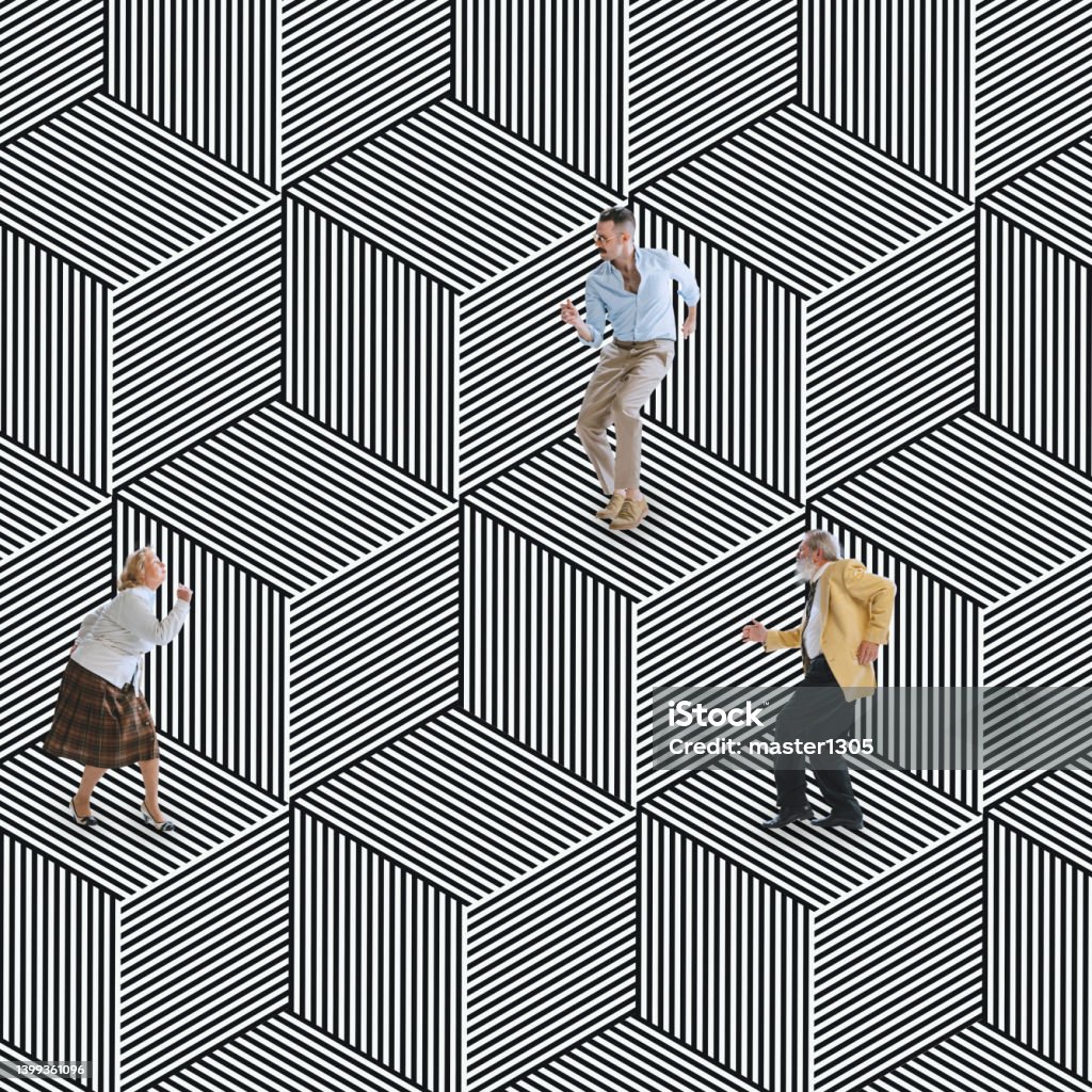 Three people dancing rock-and-roll isolated over black and white optical illusion design background. Optical illusion, contemporary art, surrealism, creativity concept Music , dance, vision. Three people dancing rock-and-roll isolated over black and white optical illusion design background. Optical illusion, contemporary art, surrealism, creativity concept Clip Art Stock Photo