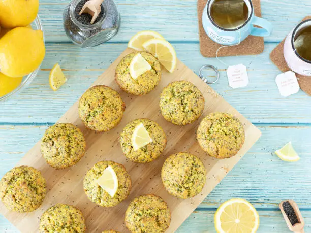 Lemon poppy seed muffins on a blue wooden table with cups of tea for breakfast. Top view, flat lay. Vegan sweet bakery. A batch of healthy and moist cookies for dessert.