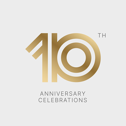 10 years anniversary logo design on white background for celebration event. 10th celebration emblem.