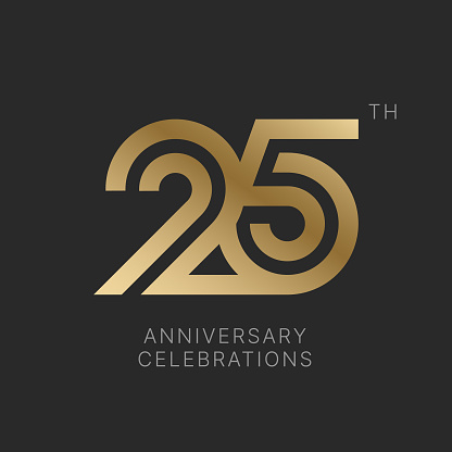 25 years anniversary logo design on black background for celebration event. 25th celebration emblem.