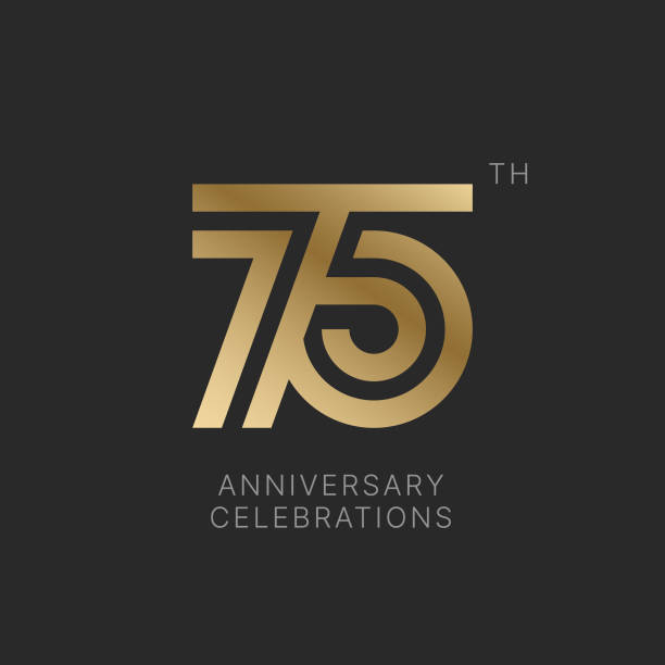 Anniversary logo or emblem design for event. 75 years anniversary logo design on black background for celebration event. 75th celebration emblem. 75th anniversary stock illustrations