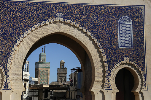 Blue Gate or Bab Boujeloud gate in medina in Fez, Morocco.