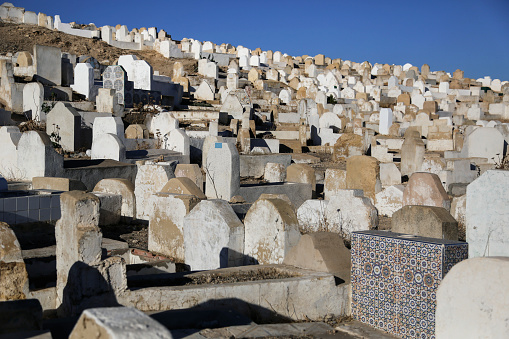 Tombs located in the Almudena Cemetery, a space of historical, religious and cultural interest in Madrid, Spain