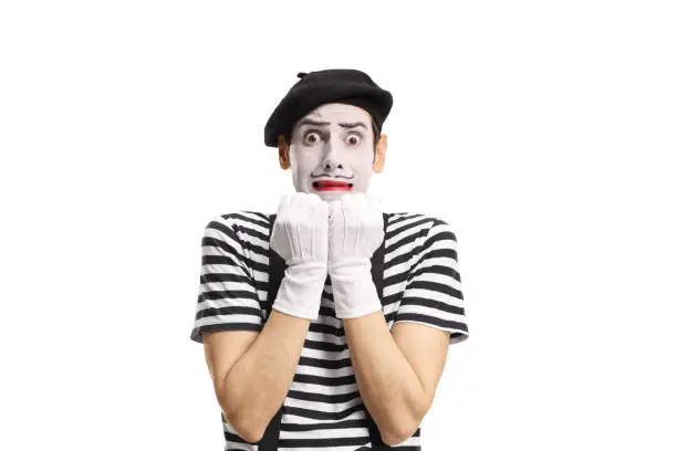 Mime gesturing fear isolated on white background