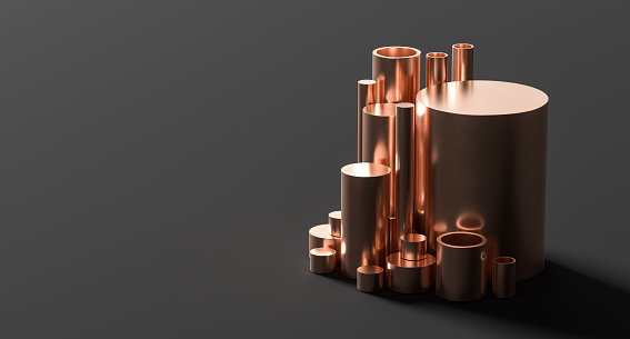 Copper pipes and rodes isolated on dark background. Stack of copper pipes and rodes. 3D illustration.