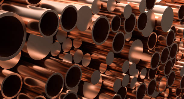 istock Copper pipes isolated on dark background. Stack of copper pipes. 3D illustration. 1399364090