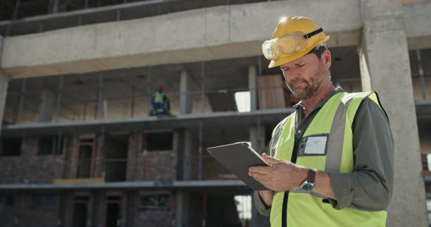 A building contractor using a digital tablet while working on a construction site. A mature man browsing online with a smart device while working on an architecture project stock photo