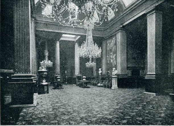 illustrazioni stock, clip art, cartoni animati e icone di tendenza di mansion house reception hall victorian era 19th cenutry londra - palladino