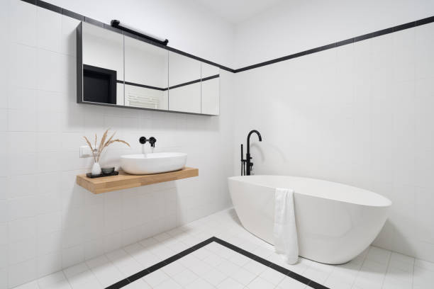 Spacious and minimalist bathroom stock photo