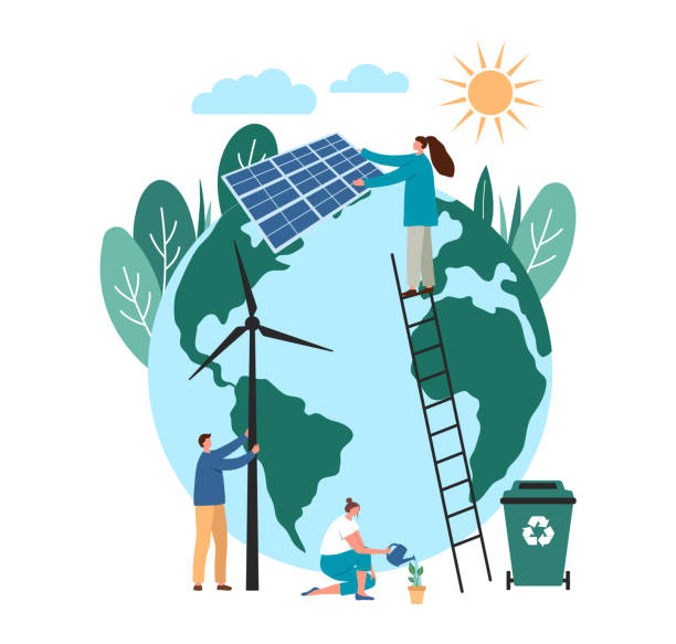 People save planet earth from climate change. Man make wind generator, character put solar panel. Using clean energy. Sustainable energy climate alternative. Flat cartoon vector illustration. People save planet earth from climate change. Man make wind generator, character put solar panel. Using clean energy. Sustainable energy climate alternative. Flat vector illustration. climate action stock illustrations