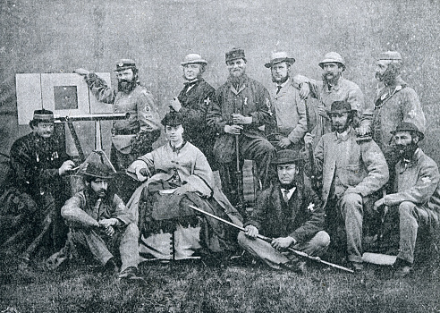 Group photograph of hunters a Victorian Shooting Party in 1863 19th Century.