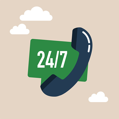 Free Call with phone emblem on message bubble. 24,7 icon. Logo design. Flat vector illustration.