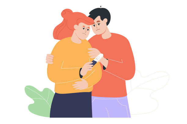 Sad man hugging woman holding pregnancy test vector art illustration