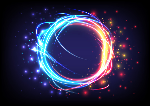 Technology glowing swirl light effect. Futuristic swirl universe trail effect. Magic abstract frame ring. Power energy of circular element. Luminous sci-fi. Shining blue and red neon lights cosmic