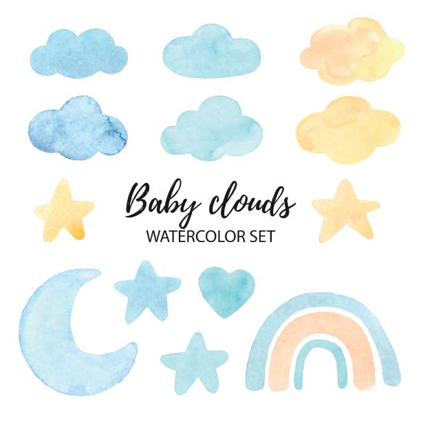 Blue baby clouds and stars. Watercolor illustration Blue baby clouds and stars. Watercolor illustration. Colored rainbow and moon. baby shower stock illustrations