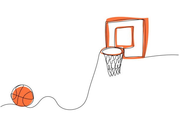 ilustrações de stock, clip art, desenhos animados e ícones de continuous one line drawing of basketball and basketball hoop - descida dos cestos