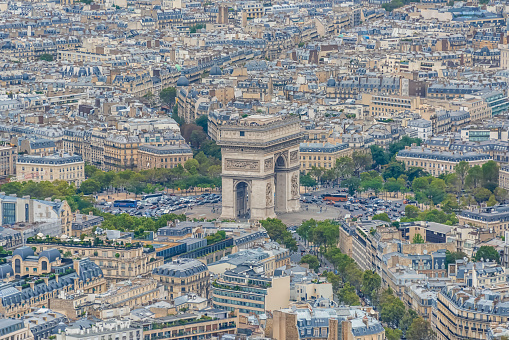 Arc de Triomphe in Paris France, Aerial view