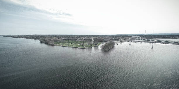 A view of the river in Green Bay looking towards the park with a gray graphite theme apllied. Springtime