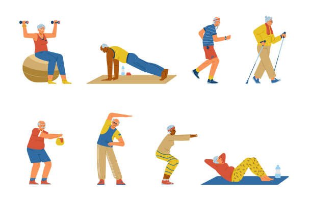 ilustraciones, imágenes clip art, dibujos animados e iconos de stock de fitness de las personas mayores - agacharse ilustraciones