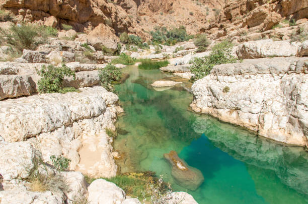 The wonderful Wadi Shab, Oman Tiwi, Oman - famous of its vertical cliffs and the green water, Wadi Shab is one of the most beautiful wadi in Oman, and a very popular tourist destination wadi shab stock pictures, royalty-free photos & images