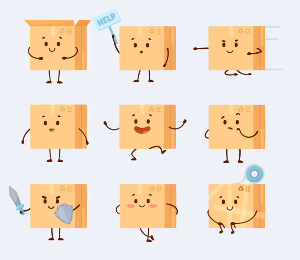 Smiling cardboard box cartoon character vector illustrations set vector art illustration