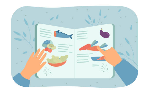 illustrations, cliparts, dessins animés et icônes de personne vérifiant la recette dans l’illustration vectorielle plate du livre de cuisine - enseigne restaurant