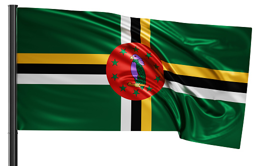 Dominica national flag waving in the wind. Isolated on white background 3D illustration