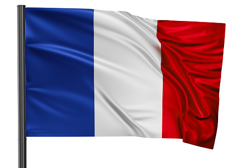 France national flag waving in the wind. Isolated on white background 3D illustration