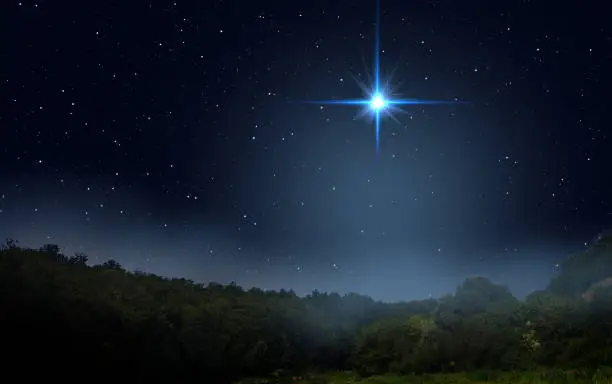Photo of Fog is rising over the night forest. Bright star indicates the Nativity of Jesus Christ in the starry sky.