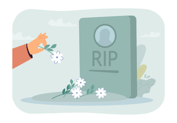 bildbanksillustrationer, clip art samt tecknat material och ikoner med hand putting flowers on tombstone flat vector illustration - blommor grav