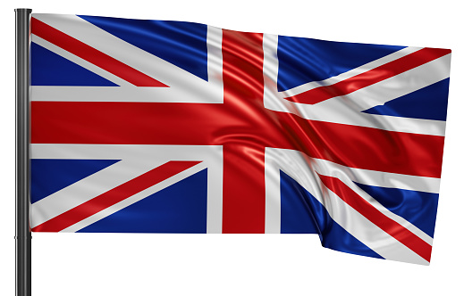 United Kingdom national flag waving in the wind. Isolated on white background 3D illustration