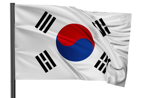 South Korea national flag waving in the wind. Isolated on white background 3D illustration