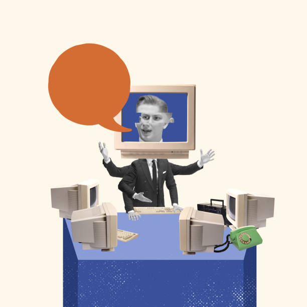 istock Contemporary art collage. Businessman broadcasting on retro TV set, working on many projects, having deadlines 1399376602