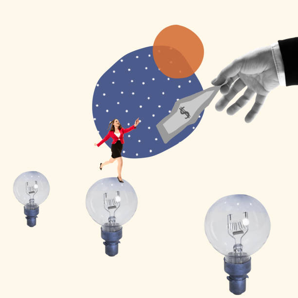istock Contemporary art collage. Cheerful and motivated woman, employee stepping on light bulb, reaching money. Way to success 1399376607